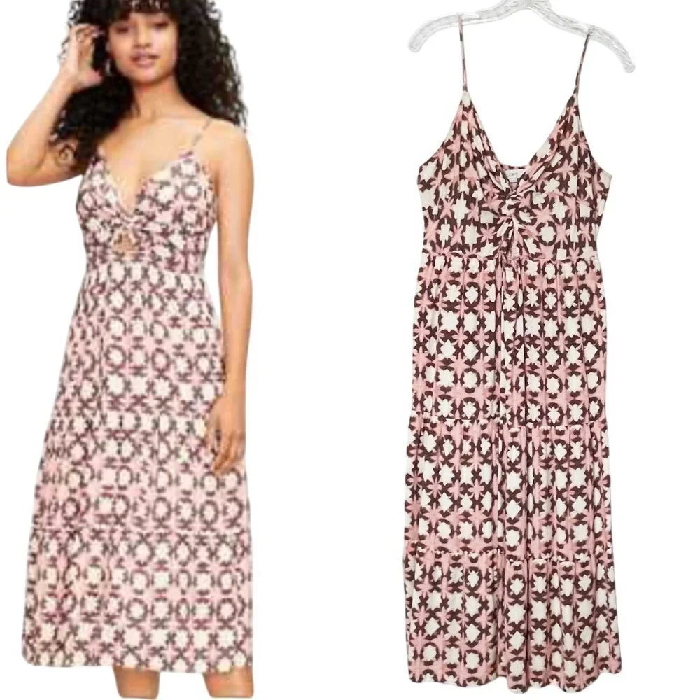 LOFT Sun Washed Floral Twist Tiered Midi Sundress Brown and Pink Women’s Size 12 - Picture 1 of 10